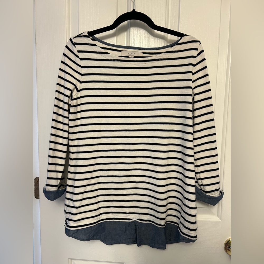 LOFT Navy and White Striped Long Sleeve Top with Denim trim on Hem, Size Medium